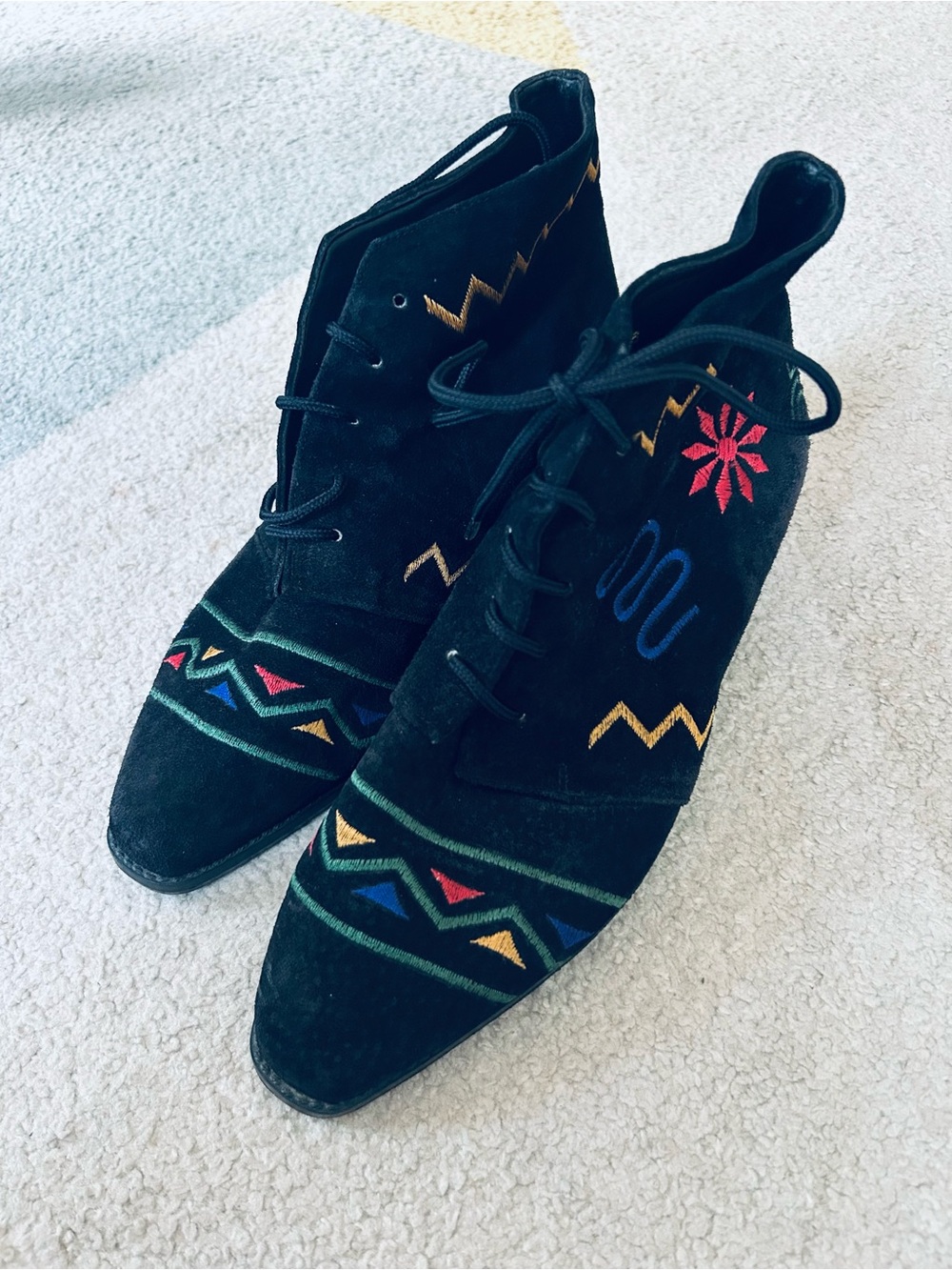 OS International Black Suede Ankle Boots with Colorful Embroidery